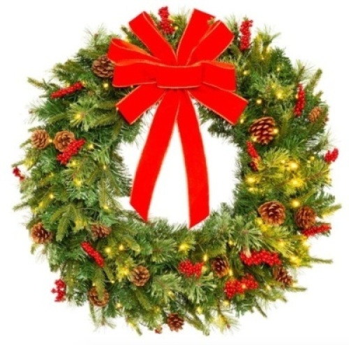 Pre-Lit Battery Powered Christmas Wreath w/ Lights, PVC Tips, Ribbon, 24 In.