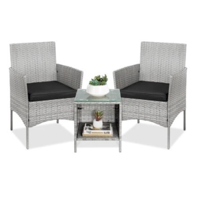 3-Piece Outdoor Patio Wicker Bistro Set, Gray/Black