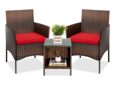 3-Piece Outdoor Patio Wicker Bistro Set w/ Side Storage Table, Brown/Red