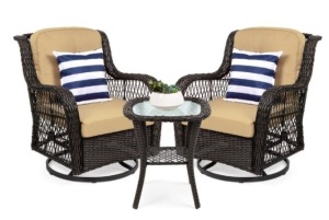 3-Piece Patio Wicker Bistro Furniture Set w/ 2 Swivel Rocking Chairs, Table, Beige