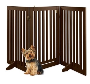 31.5in 3-Panel Freestanding Wooden Pet Gate w/ Door, Support Feet, Espresso