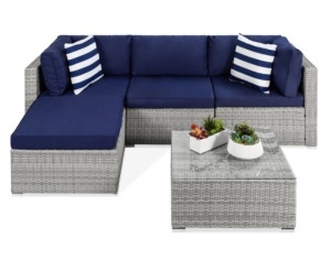 5-Piece Modular Wicker Sectional Conversation Set w/ 2 Pillows, Coffee Table