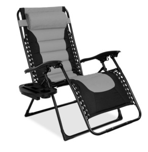 Oversized Padded Zero Gravity Chair, Folding Recliner w/ Headrest, Side Tray, Gray/Black