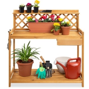 Wooden Garden Potting Bench Workstation w/ Cabinet Drawer, Open Shelf