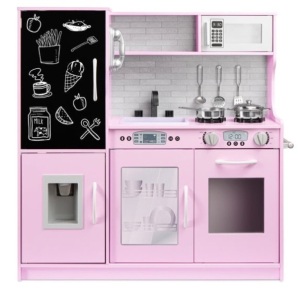 Pretend Play Kitchen Wooden Toy Set for Kids with 11 Accessories, Pink