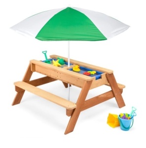 3-in-1 Kids Sand & Water Table Outdoor Wood Picnic Table w/ Umbrella, Appears New