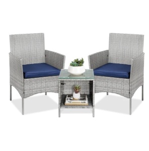 3-Piece Outdoor Patio Wicker Bistro Set w/ Side Storage Table, Ecommerce Return