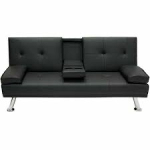 Faux Leather Upholstered Convertible Sofa Bed Futon w/ 2 Cupholders