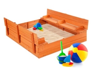 Kids Cedar Sandbox w/ Sand Screen, 2 Benches - 47x47in