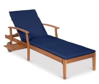 Adjustable Acacia Wood Chaise Lounge Chair w/ Side Table, Wheels - 79x26in, Navy Blue
