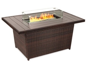 Wicker Propane Fire Pit Table, 50,000 BTU w/ Glass Wind Guard, Cover - 52in, Brown