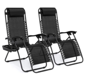 Set of 2 Adjustable Zero Gravity Patio Chair Recliners w/ Cup Holders, Black