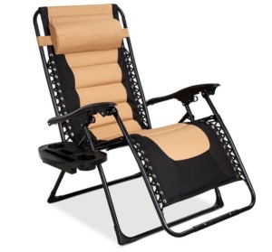 Oversized Padded Zero Gravity Chair, Folding Recliner w/ Headrest, Side Tray, Tan/Black