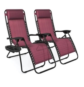 Set of 2 Adjustable Zero Gravity Patio Chair Recliners, Burgundy