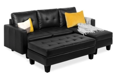 L-Shape Customizable Faux Leather Sofa Set w/ Ottoman Bench, Black