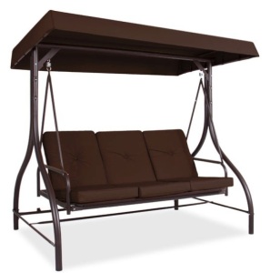 3-Seat Outdoor Canopy Swing Glider Furniture w/ Converting Flatbed Backrest, Brown