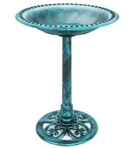 Vintage Outdoor Garden Bird Bath w/ Fleur-de-Lis Accents, Green