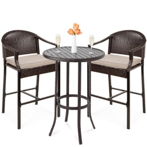 BCP. SKY. 6380- A, 6380 - B :3 - Piece Out Door Bistro Wicker Table Bar  Set W / Bar Stools , Foot Rest 