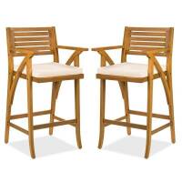 Set of 2 Outdoor Acacia Wood Bar Stools Chairs w/ Weather-Resistant Cushions. Appear New