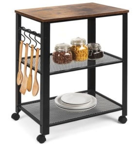 3-Tier Microwave Cart Rolling Utility Serving Cart w/ 2 Shelves, 4 Hooks