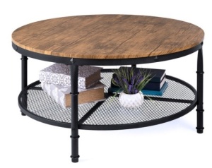 2-Tier Round Industrial Wood & Steel Coffee Table, Storage Shelves - 35.5in, Brown