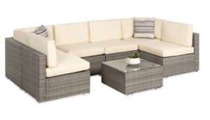 7-Piece Modular Wicker Sectional Conversation Set w/ 2 Pillows, Cover, Gray/Cream