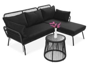 Rope Woven Sectional, L-Shape Sofa Set w/ Detachable Lounger, Table, Black