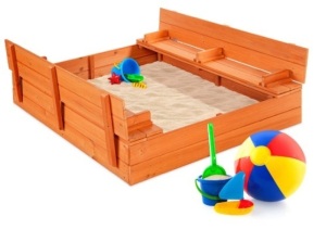 Kids Cedar Sandbox w/ Sand Screen, 2 Benches - 47x47in