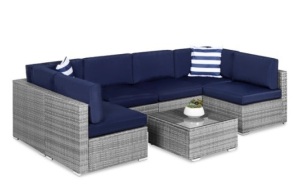 7-Piece Modular Wicker Sectional Conversation Set w/ 2 Pillows, Cover, Gray/Navy