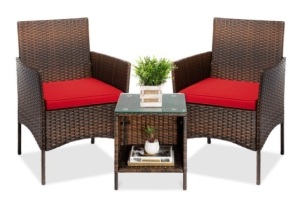 3-Piece Outdoor Patio Wicker Bistro Set w/ Side Storage Table, Brown/Red