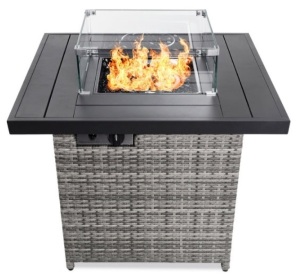 32in Fire Pit Table 50,000 BTU Wicker Propane w/ Wind Guard, Cover, Ash Gray