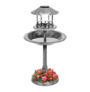 Solar Lighted Outdoor Pedestal Bird Bath, Stone