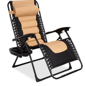 Oversized Padded Zero Gravity Chair, Folding Recliner w/ Headrest, Side Tray, Tan/Black