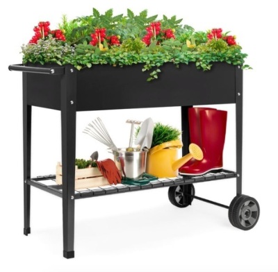 Elevated Metal Garden Bed for Backyard w/ Wheels, Shelf