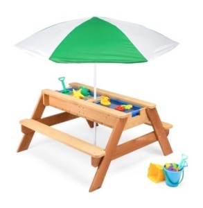 3-in-1 Kids Sand & Water Table Outdoor Wood Picnic Table w/ Umbrella, Green