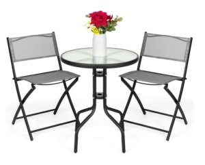 3-Piece Bistro Set w/ Glass Table, 2 Foldable Chairs, Gray