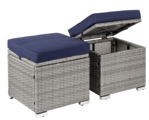 Set of 2 Wicker Ottomans, Multipurpose w/ Removable Cushions, Steel Frame, Gray/Navy