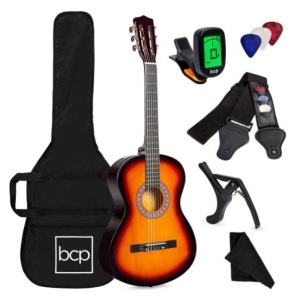 Beginner Acoustic Guitar Set w/ Case, Strap, Digital Tuner, Strings - 38in, Sunburst