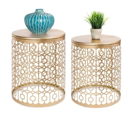 Set of 2 Decorative Round Side Accent Table Nightstands w/ Nesting Design, Gold