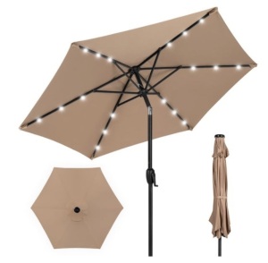 Outdoor Solar Patio Umbrella w/ Push Button Tilt, Crank Lift - 7.5ft, Tan