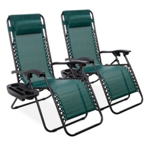 Set of 2 Adjustable Zero Gravity Patio Chair Recliners w/ Cup Holders, Forest Green