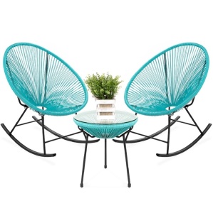 3-Piece Patio Woven Rope Acapulco Rocking Chair Bistro Set 