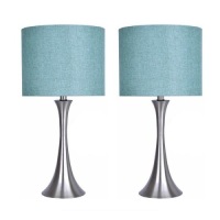 24.25 in. Brushed Nickel Table Lamp Set with Flared Body and Turquoise Linen Shade (2-Pack). Appears New