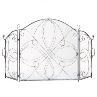 3-Panel Wrought Iron Metal Fireplace Screen Cover w/ Scroll Design - 55x33in,APPEARS NEW