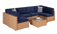 7-Piece Modular Wicker Sectional Conversation Set w/ 2 Pillows, Cover, Natural/Navy