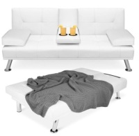 Faux Leather Upholstered Convertible Sofa Bed Futon w/ 2 Cupholders, White