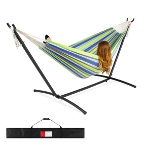 Outdoor Double Hammock Set W/ Steel Stand, Cup Holder, Tray, And Carrying Bag Blue/Green Stripe,APPEARS NEW