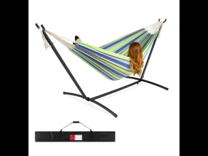 Outdoor Double Hammock Set W/ Steel Stand, Cup Holder, Tray, And Carrying Bag Blue/Green Stripe,APPEARS NEW