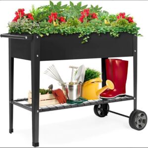 Elevated Metal Garden Bed for Backyard w/ Wheels, Shelf