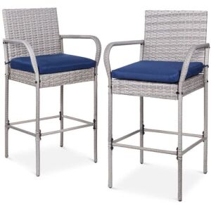 Set of 2 Indoor Outdoor Wicker Bar Stools w/ Cushion, Footrests, Armrests